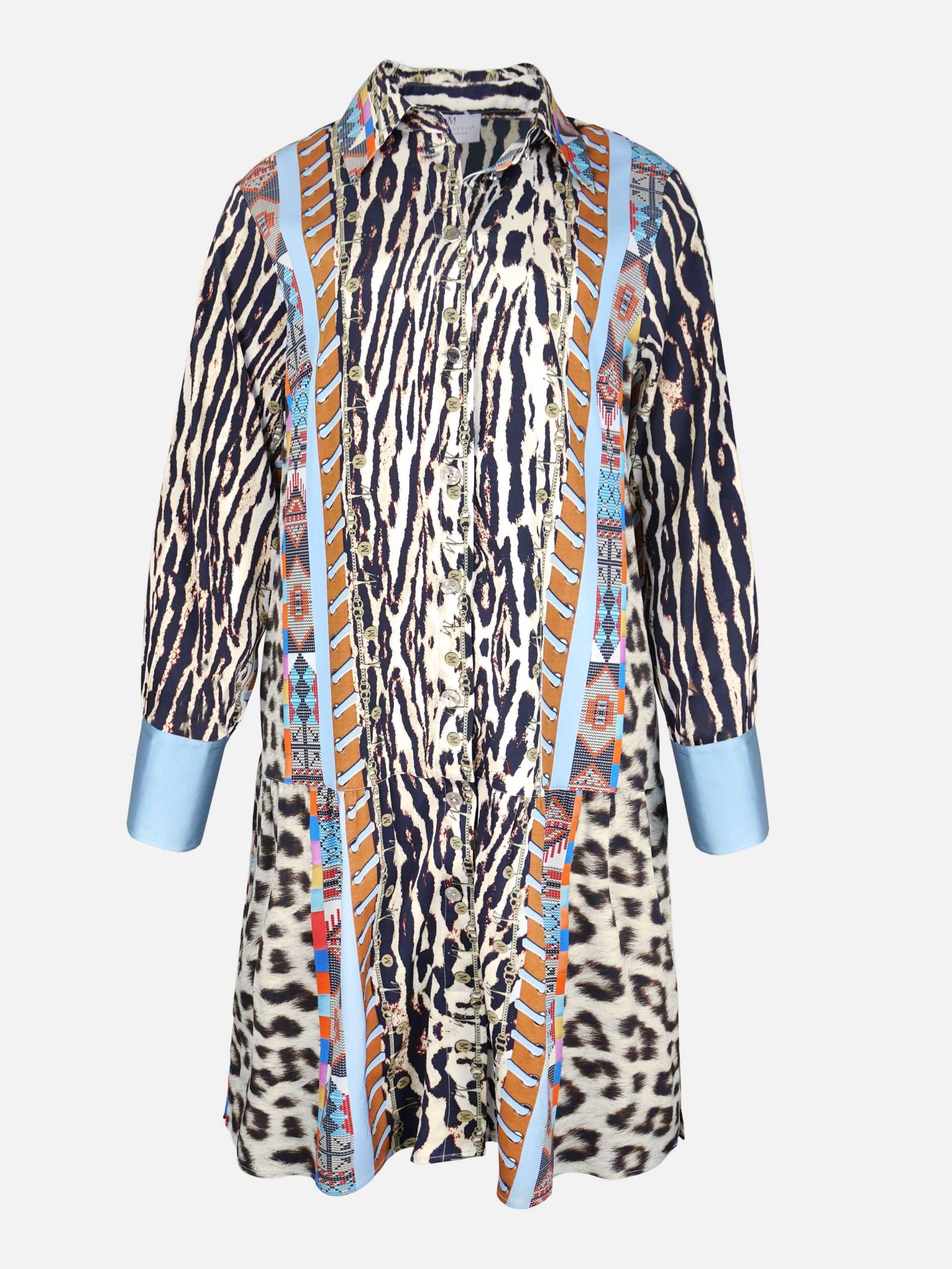 MUCHO GUSTO® Kleid Arola Leopard mit hellblauen Details.