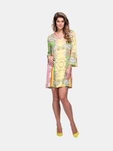 MUCHO GUSTO® Jurk Geel met Groene Paisley.