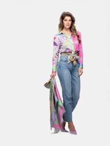 MUCHO GUSTO® Blouse Antwerp Pink with Green Patchwork.