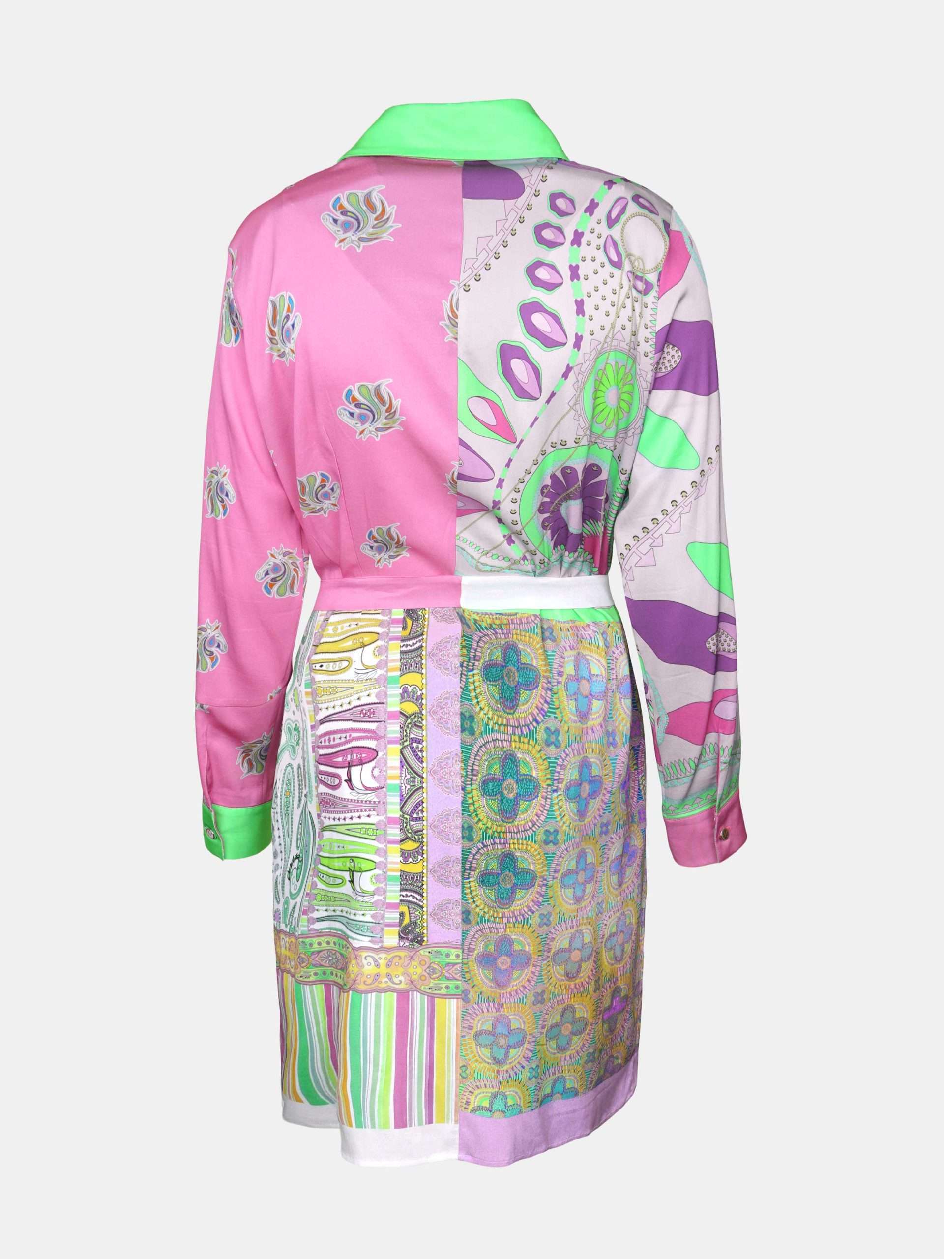 MUCHO GUSTO® Jurk Francis Bay Roze met Groen Patchwork.