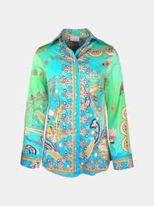 MUCHO GUSTO® Blouse Francis Bay with green and blue paradise print