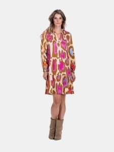 MUCHO GUSTO® Viscose Dress San Rafael with Degrade Orange Fuchsia Print and Leopard Pattern