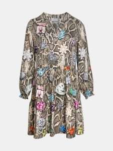 MUCHO GUSTO® Dress San Rafael in Beige Snake Print with Colorful Brooches