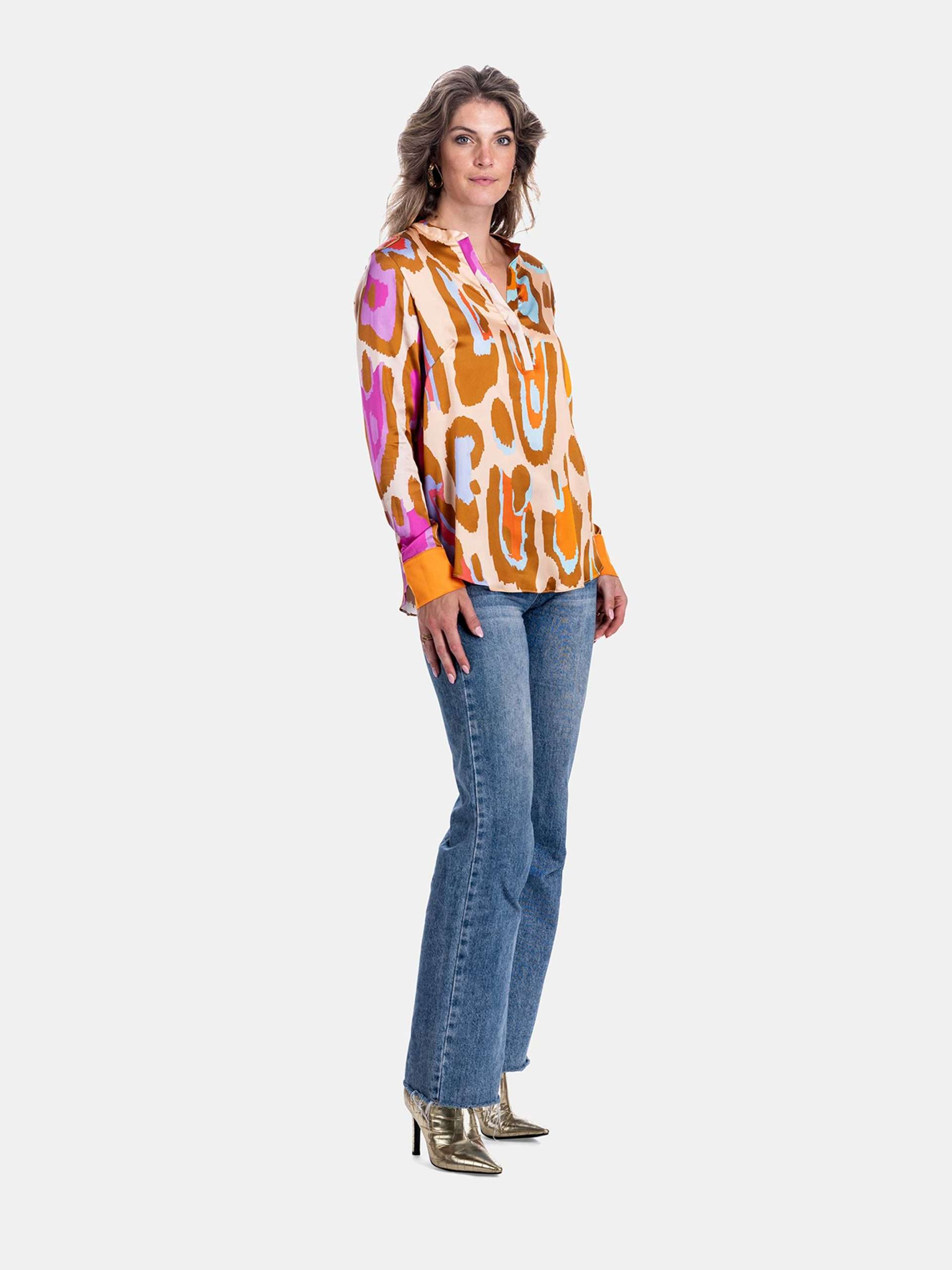 MUCHO GUSTO® Zijden Blouse Monza Levendige Oranje en Fuchsia Luipaardprint met Verloop Effect