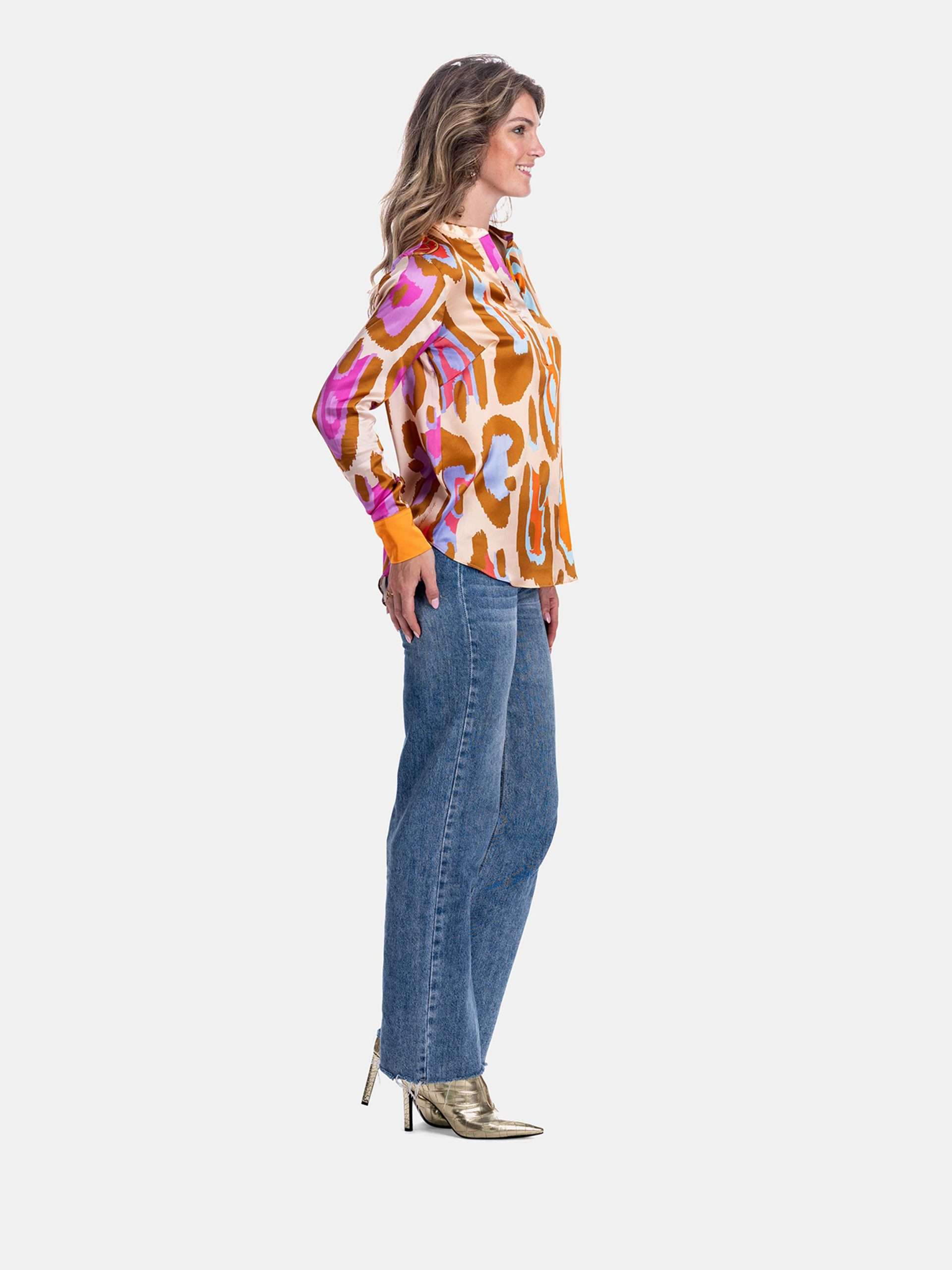 MUCHO GUSTO® Zijden Blouse Monza Levendige Oranje en Fuchsia Luipaardprint met Verloop Effect