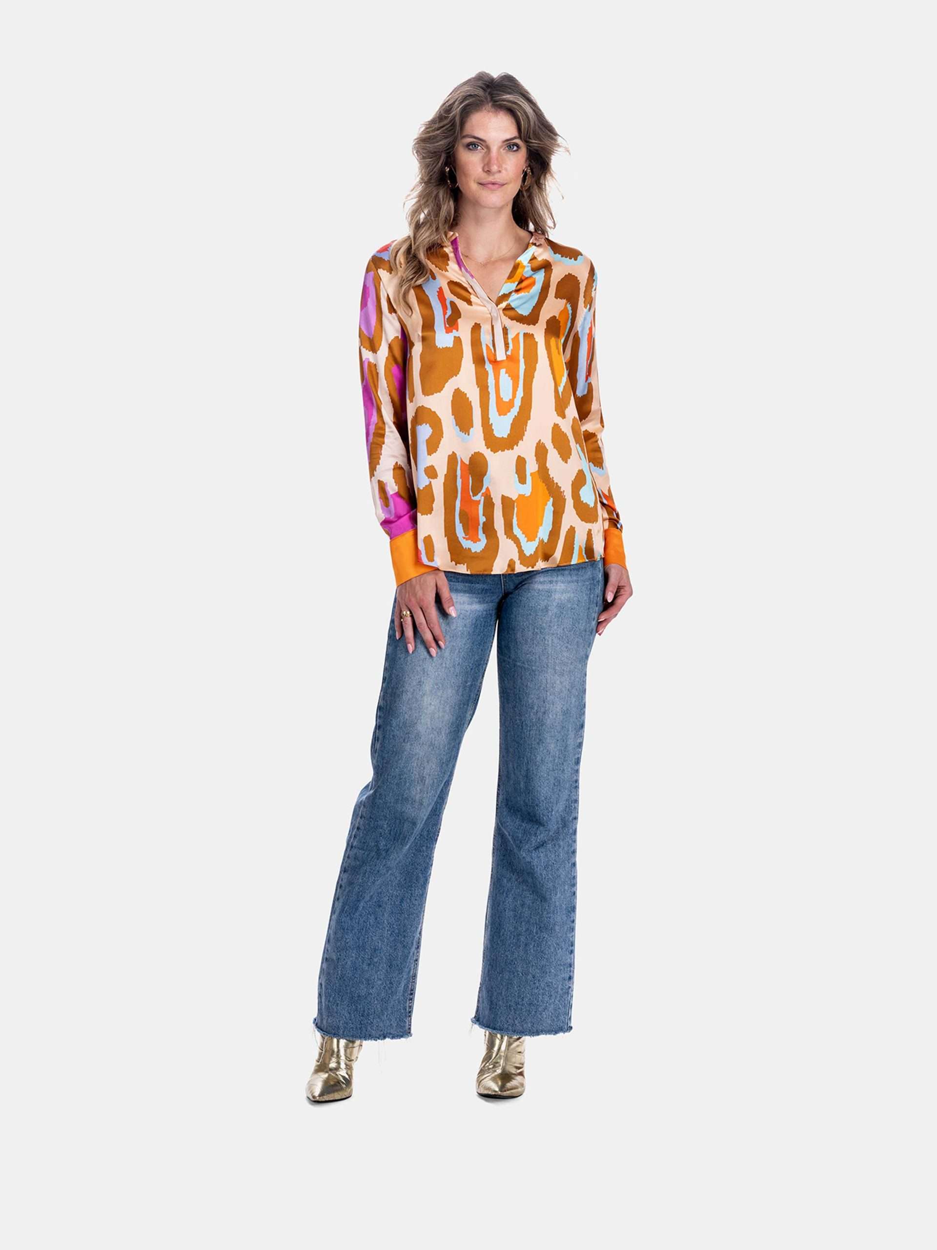 MUCHO GUSTO® Zijden Blouse Monza Levendige Oranje en Fuchsia Luipaardprint met Verloop Effect