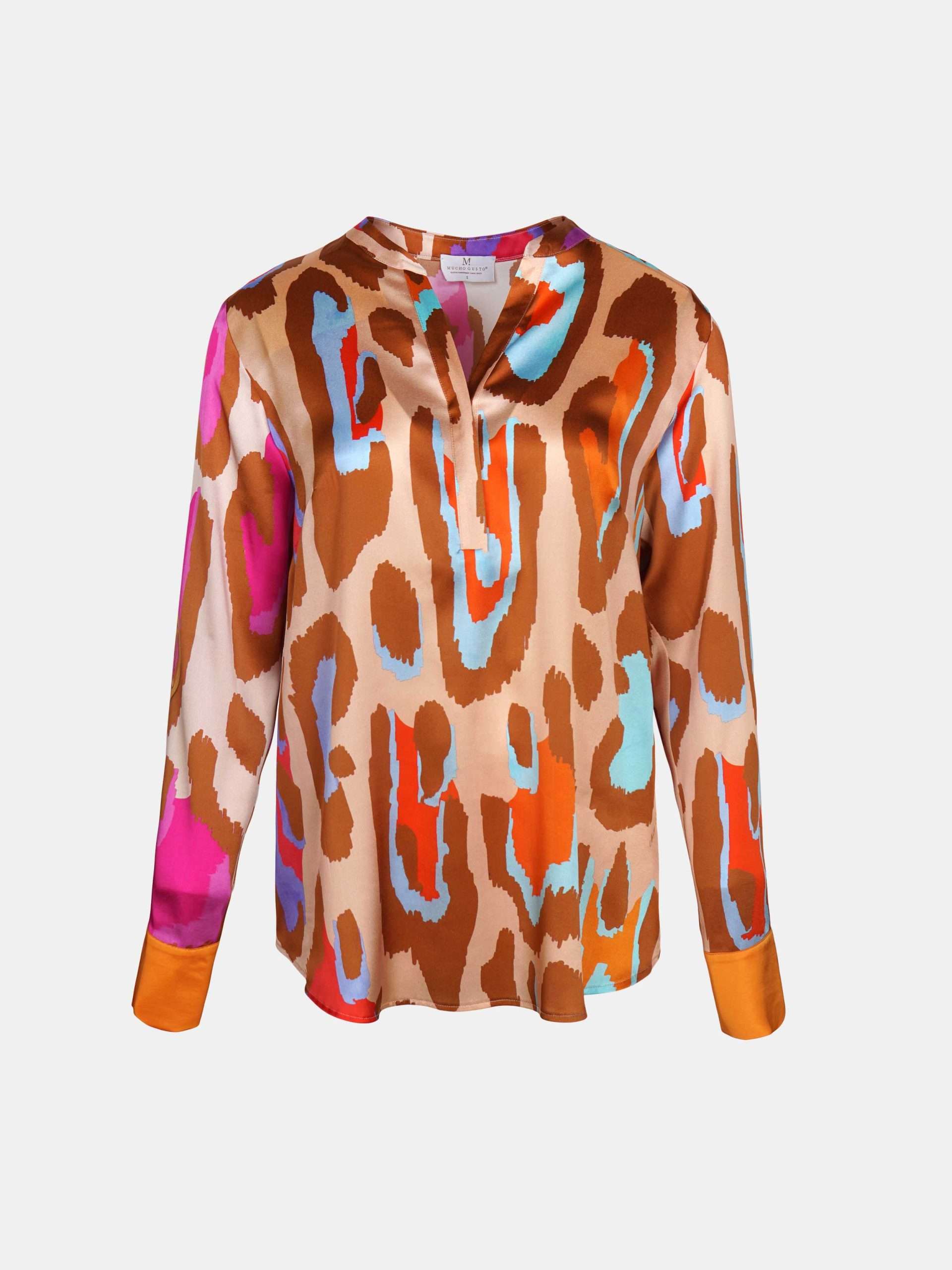 MUCHO GUSTO® Zijden Blouse Monza Levendige Oranje en Fuchsia Luipaardprint met Verloop Effect