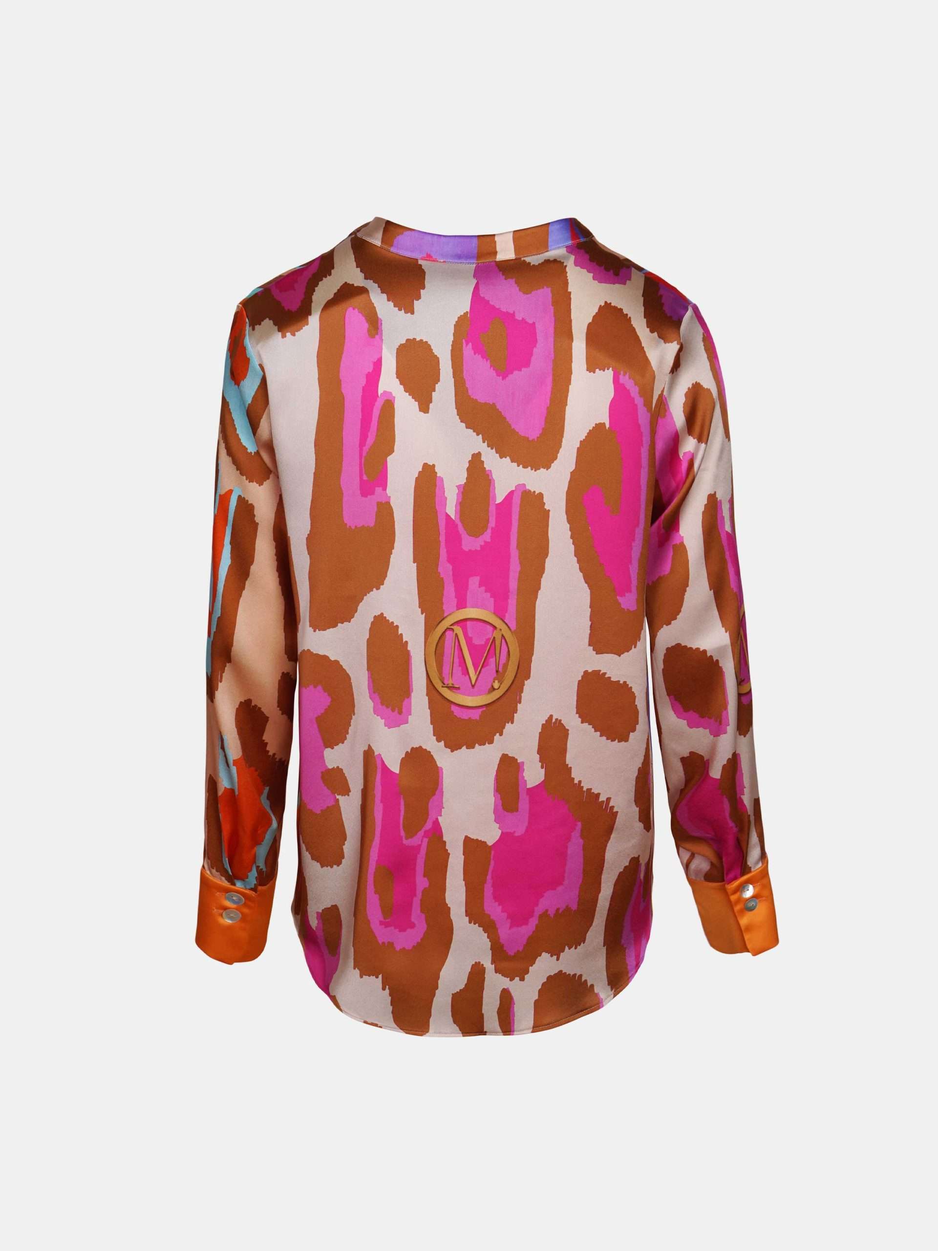 MUCHO GUSTO® Zijden Blouse Monza Levendige Oranje en Fuchsia Luipaardprint met Verloop Effect