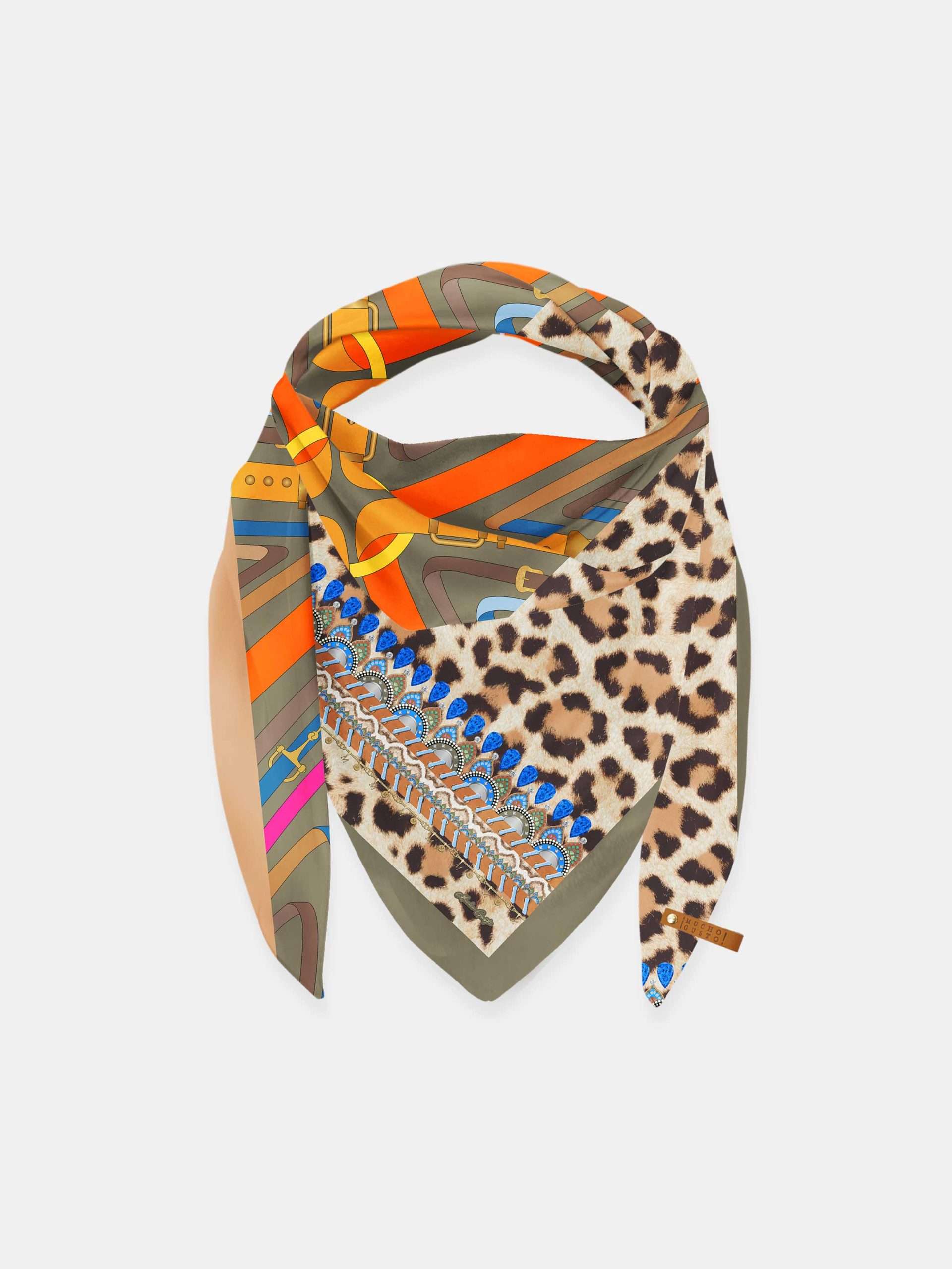 MUCHO GUSTO® Silk Scarf St. Tropez - Orange Brown with Leopard Patchwork