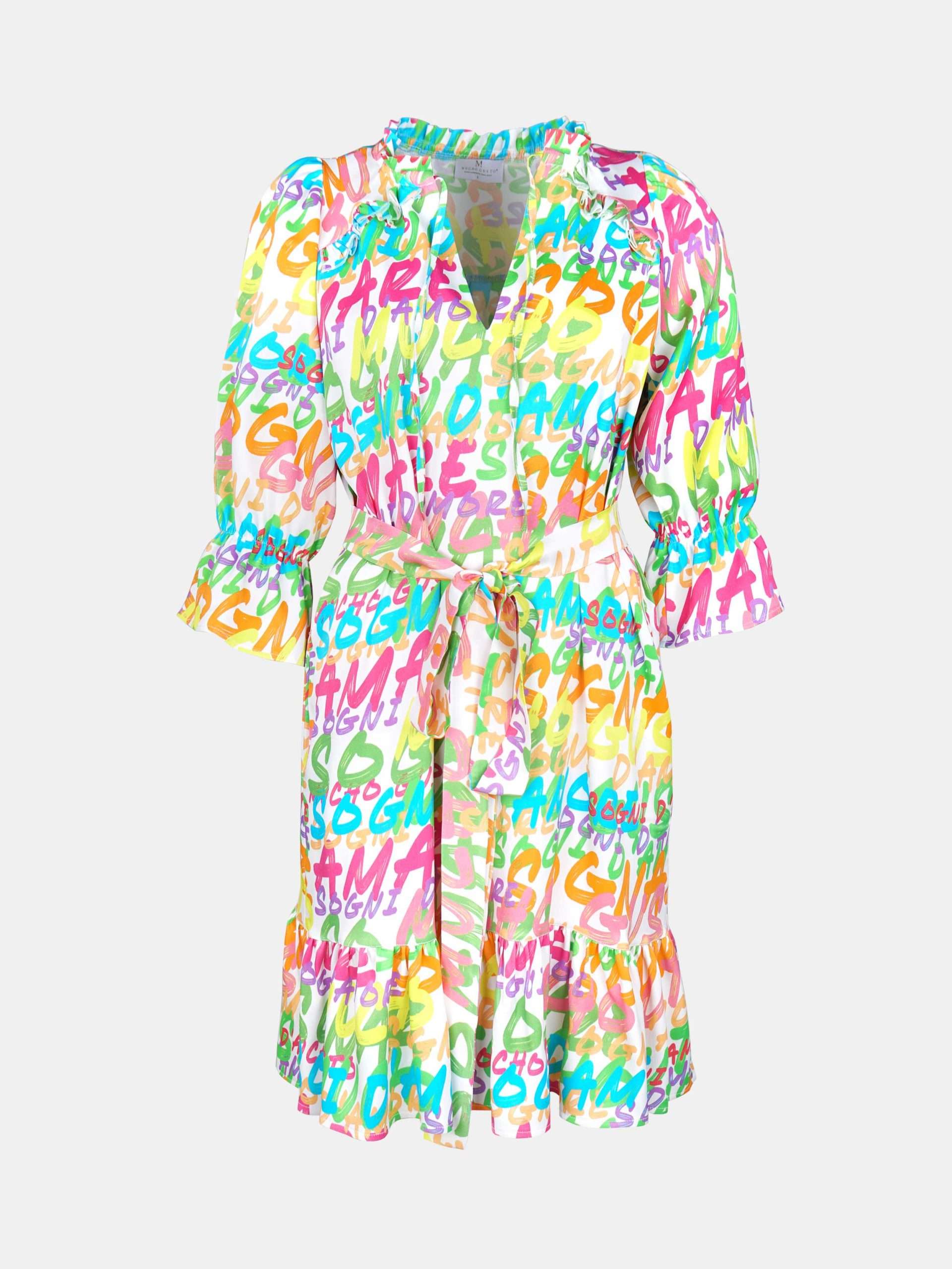 MUCHO GUSTO® Kleid Rhodos Bunte Typografie