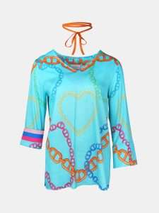 MUCHO GUSTO® Blouse Maledives Turquoise Chain Heart Print