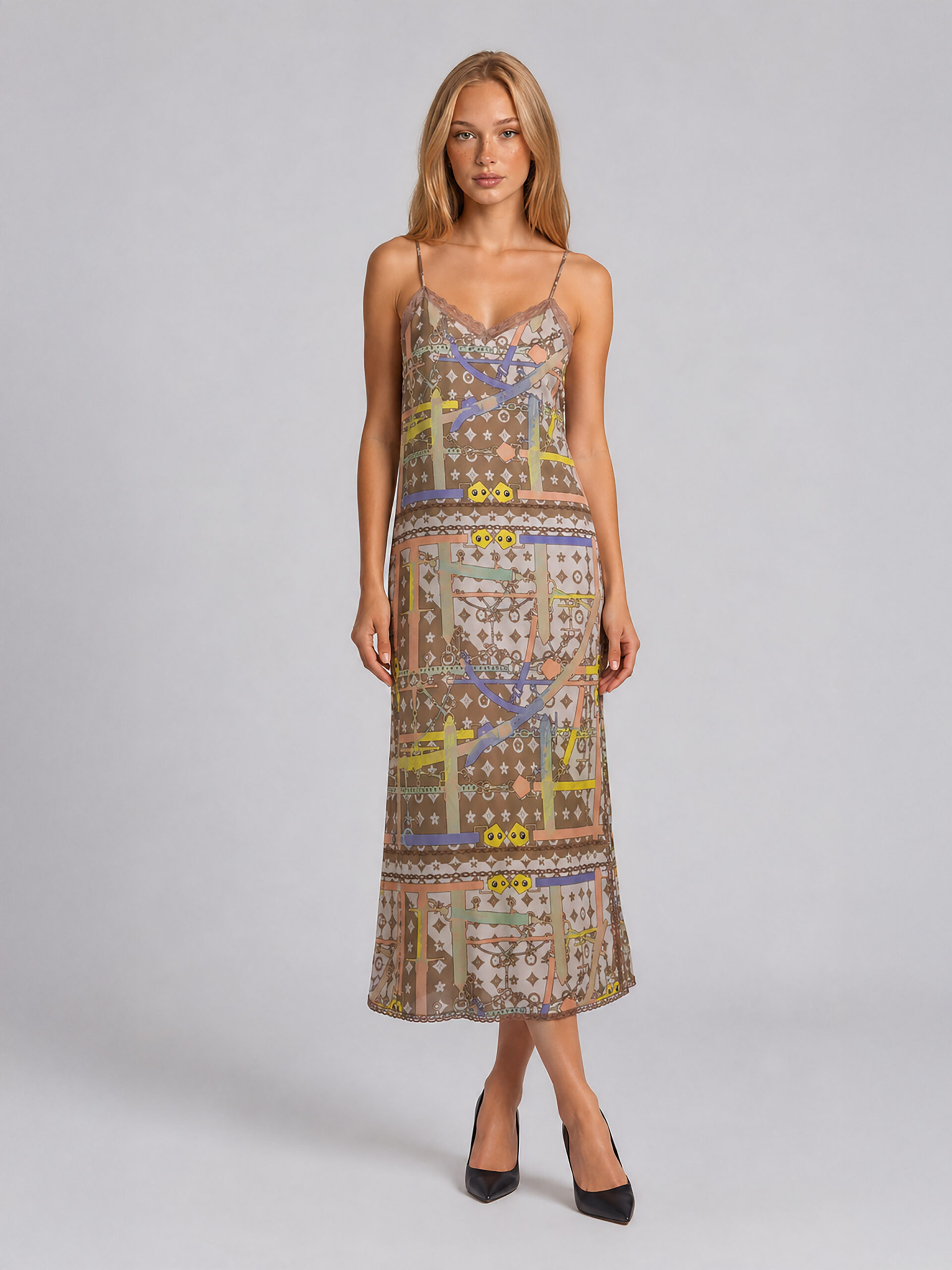 MUCHO GUSTO® Slip Dress Long Monogram Chain Print