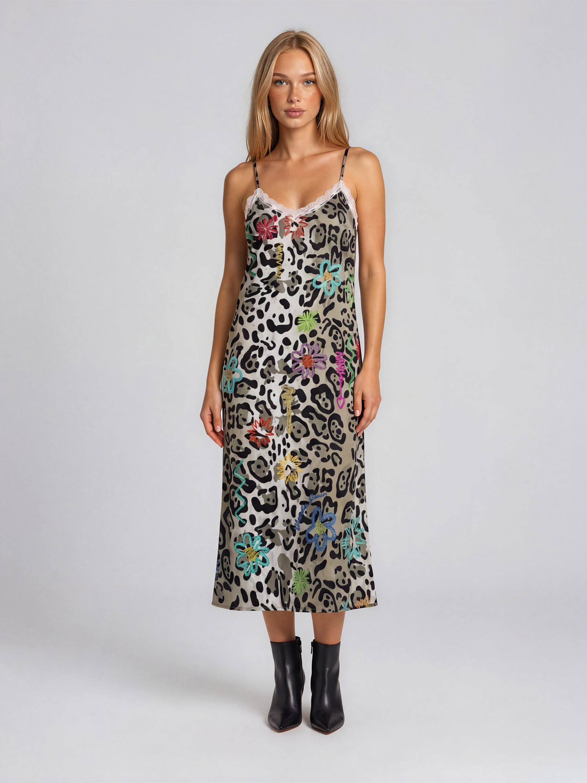 MUCHO GUSTO® Slip Dress Long Leopard Flower Elegance