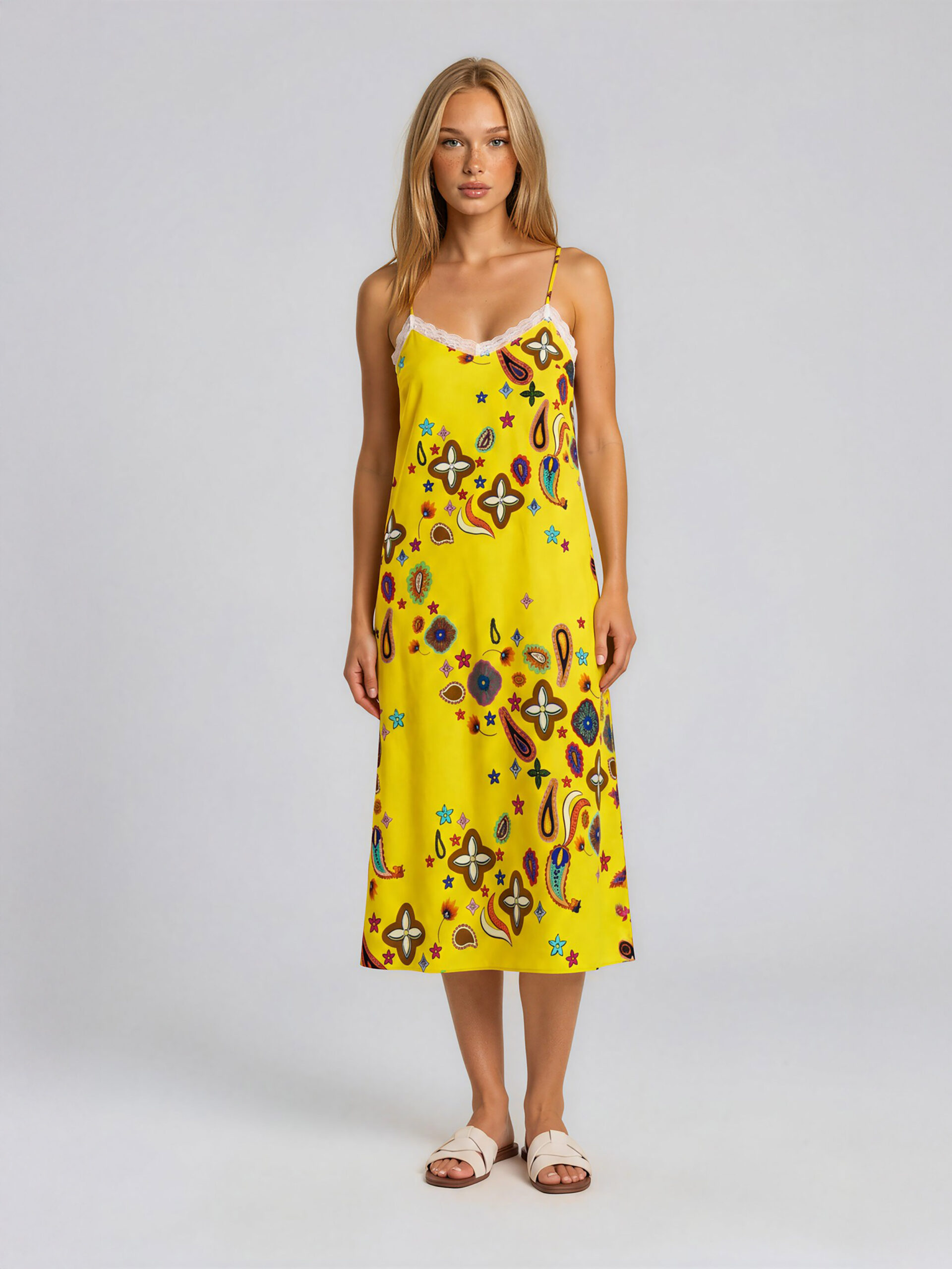 MUCHO GUSTO® Slip Dress Long Yellow Paisley Charm