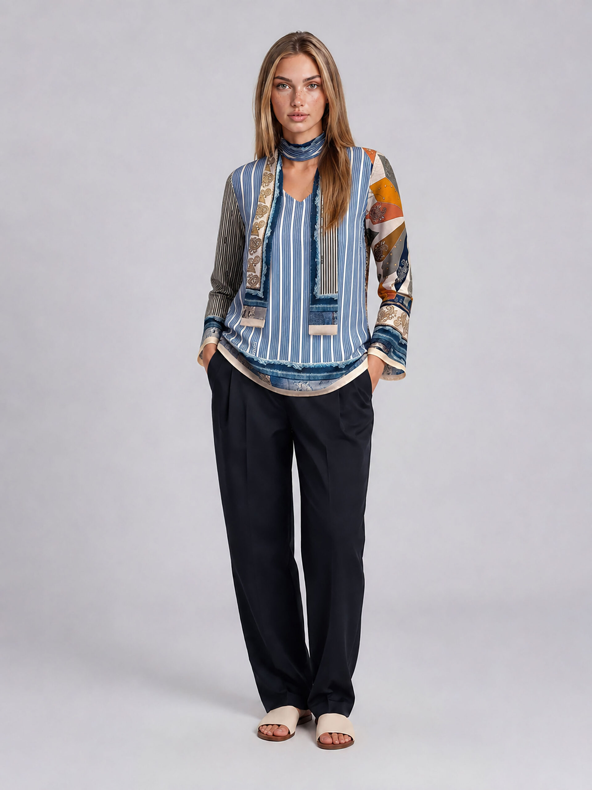 MUCHO GUSTO® Bluse Roma Denim-Patchwork