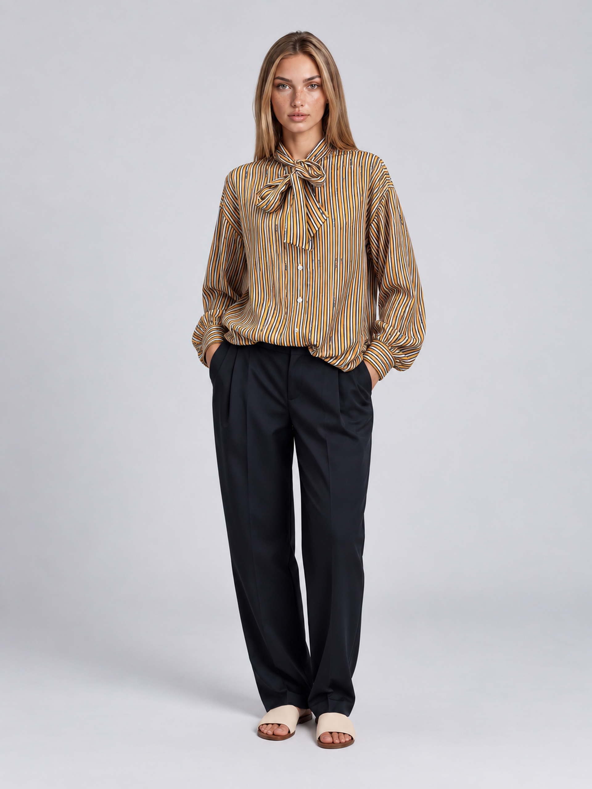 MUCHO GUSTO® Blouse Papillon Beige Stripe Elegance